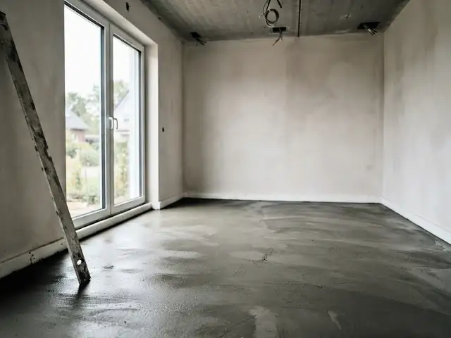 Frisch abgezogener Zementestrich in einem Raum