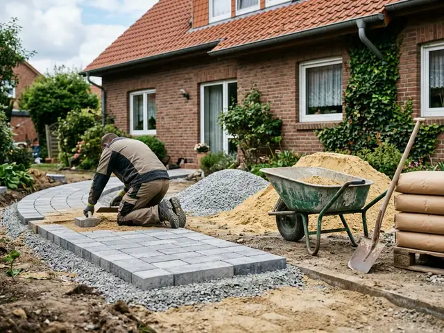 Gartenweg im Bau: Pflastersteine auf einem Splittbett, daneben Sand, Splitt und Zementsäcke