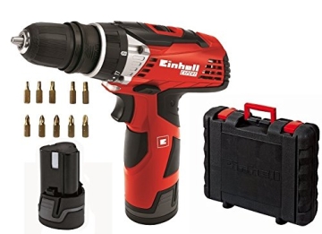 Einhell Akku Bohrschrauber TE-CD 12 Li (2x Lithium Ionen Akku, 12 V, 1,3 Ah, 2 Gang, 25 Nm, abnehmbares Bohrfutter, LED-Licht, Schnellladegerät, 10 tlg. Bitset, Koffer) - 1